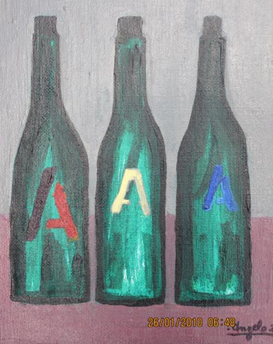 tre bottiglie con la lettera a acrilico su tela cm 40x45